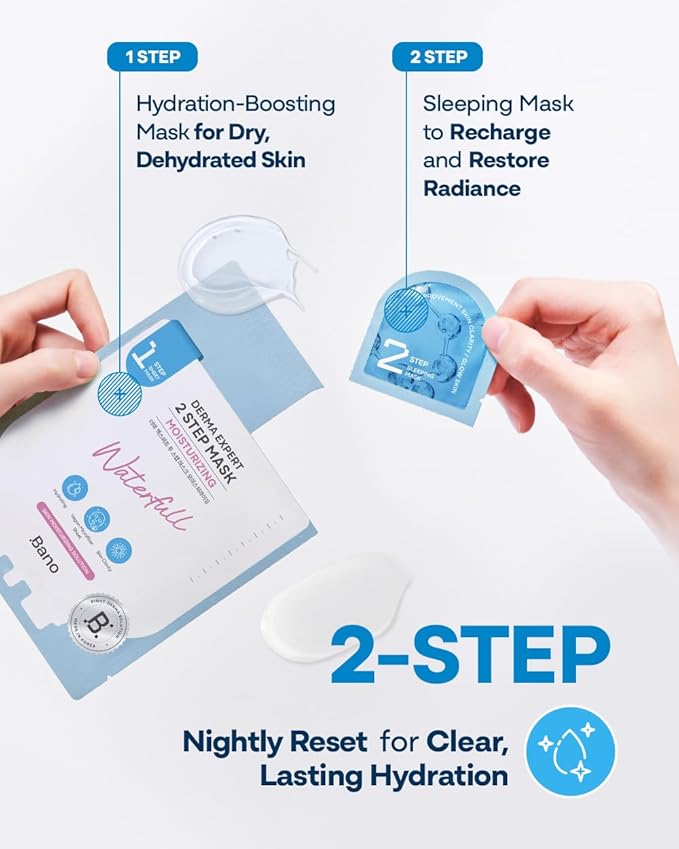 Bano Derma Expert 2 Step Moisturizing Face Mask – 2 in 1 Hydrating Sheet & Sleeping Mask with Hyaluronic Acid, Ceramide & Niacinamide | Supports Skin Barrier & Glow | Korean Skincare | 7 Sheets