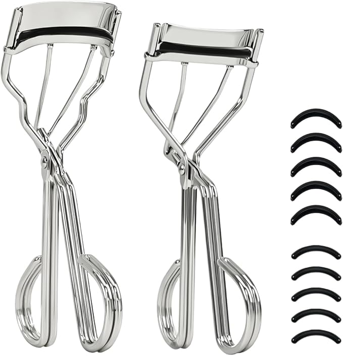 qiipii 2 Kinds of Eyelash Curlers with Different Curvature Suitable for Various Eyes Shapes, Silver Comfort Grip,10 Silicone Replacement Refills Pads for Perfect Framed Lashes - Gentle & Safe Use