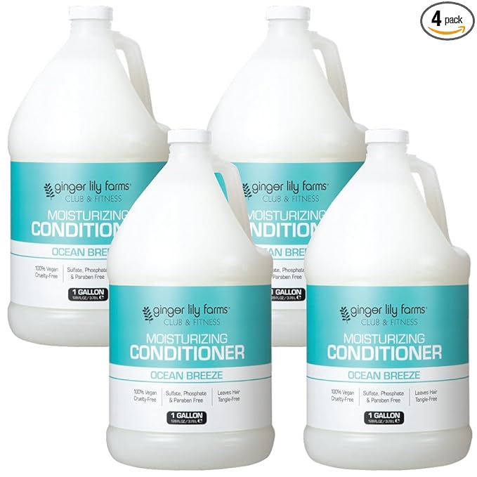 Ginger Lily Farms Club & Fitness Moisturizing Conditioner for Dry Hair, 100% Vegan & Cruelty-Free, Ocean Breeze Scent, 1 Gallon Refill (Pack of 4)