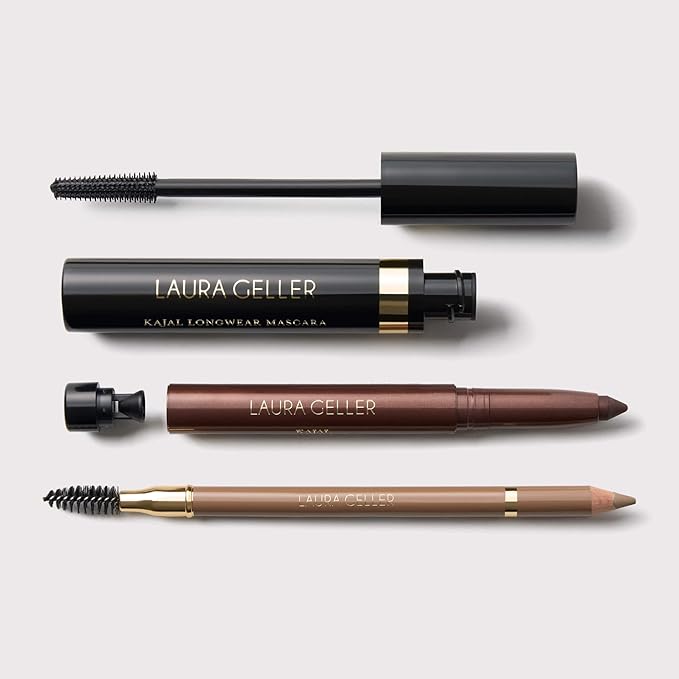LAURA GELLER Laura’s 3 E’s Eyeliner, Eyelash & Eyebrow Kit for Mature Skin | Blonde | Kajal Longwear Eyeliner, Kajal Longwear Mascara & Bravo Brows Soft Pencil + Brush