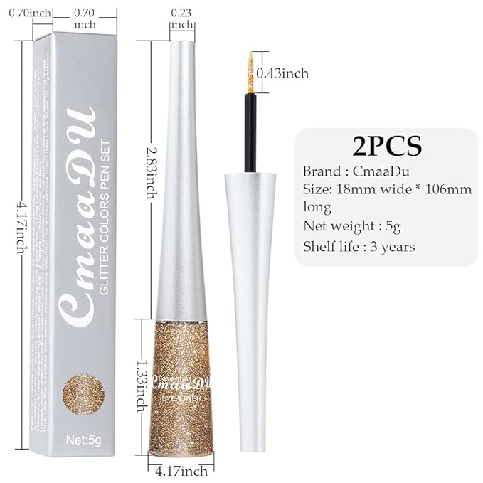 evpct 2Pcs Gold Champagne Gold Color Liquid Glitter Eyeliner Sets Eyeliner Liquid Liners for Women Sparkly Eyeliners delineador con glitter de colores para ojos colores 01+14