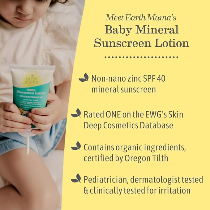 Earth Mama Baby Mineral Sunscreen Lotion SPF 40-3 oz - Non-Nano Zinc - Broad Spectrum for Babies, Kids & Family - Water Resistant Sun Protection