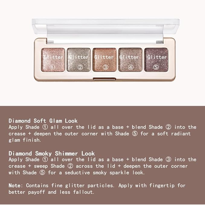 High Pigment Glitter Shimmer Eyeshadow Palette–Sparkly Metallic Eye Makeup in Rose Quartz, Silver Champagne, Coral Pink, Taupe Gold&Plum Silver Shades, Long-Lasting Festival Party Eye Glitter Palette
