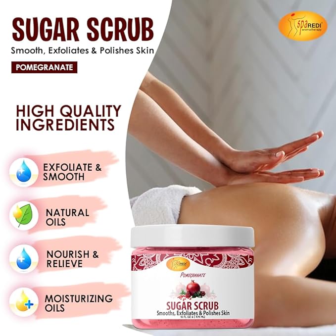 SPA REDI – Sugar Body Scrub, Pomegranate, 16 Oz, Exfoliating, Moisturizing, Hydrating and Nourishing, Glow, Polish, Smooth and Fresh Skin - Body Exfoliator