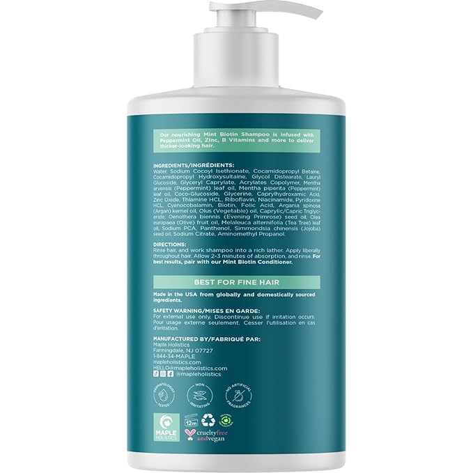 Volumizing Biotin Shampoo for Thinning Hair - Invigorating Peppermint Shampoo for Fine Hair with Argan Coconut and Olive Oils - Vegan & Color Safe - Paraben Silicone & Sulfate Free (25 Fl Oz)