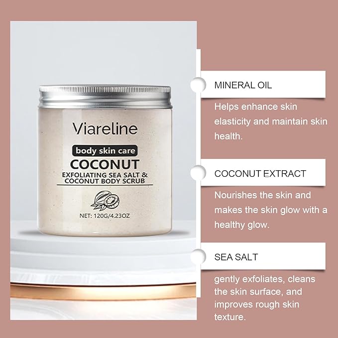Exfoliating Sea Salt & Coconut Body Scrub – Moisturizing Body Polish with Mineral Oil – Gentle Exfoliation for Soft, Smooth Skin – 4.23 oz