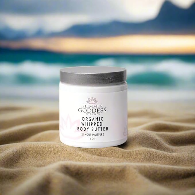 Glimmer Goddess Organic Whipped Body Butter for Women - Moisturizer Cream with Shea & Cocoa Butter, Almonds & Coconut Oil - Coastal Reverie, 8oz