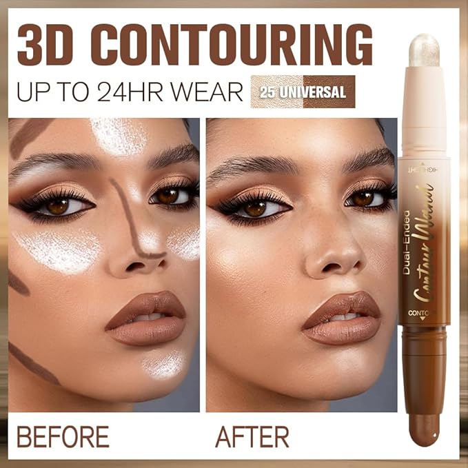 2Pcs Dual Ended Contour Stick Set, 25# + 26# Cream Concealer Highlighter, Waterproof No Transfer Long-Lasting 2-in-1 Face Contour Bronzer Sticks for Daily Makeup