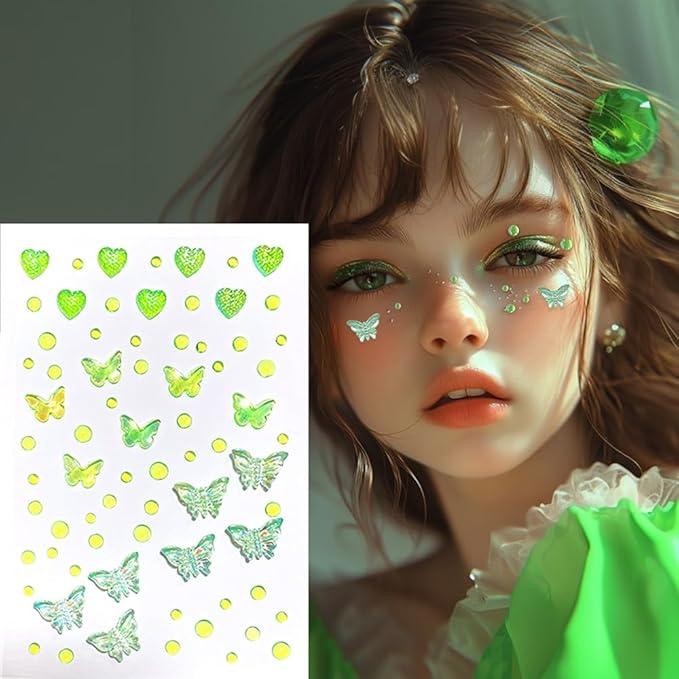 Butterfly Face Gems Glitter Tattoo for Eye Corner and Forehead Bindi Rhinestone Face Jewelry Rave Party Decorations For Women Kids, 3-Pack