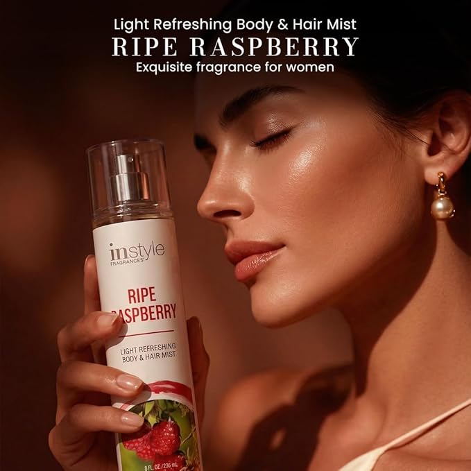 Instyle Fragrances | Body & Hair Mist | Ripe Raspberry Scent | With Panthenol | CLEAN, Vegan, Paraben Free, Phthalate Free | Premium 8 Fl Oz Spray Bottle