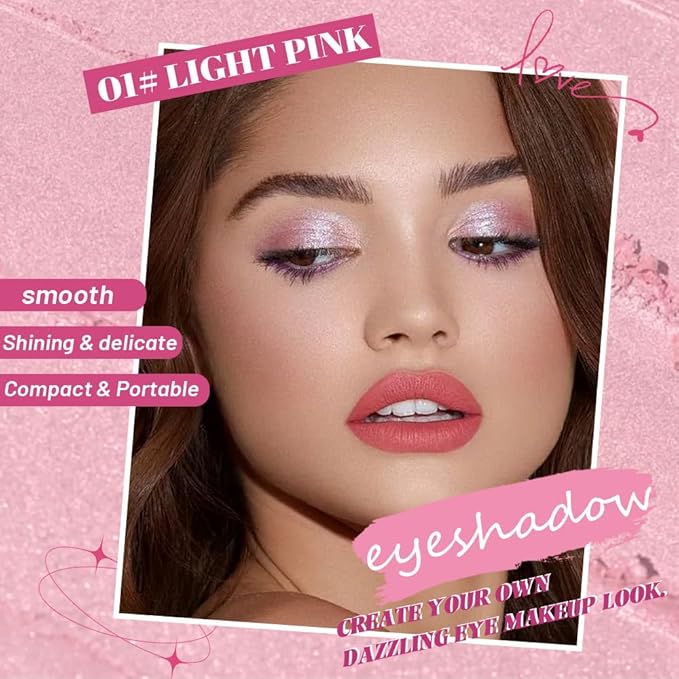 WanTuoluo Sparkly Eyeshadow Palette for Women, Single Monochrome Eye Shadow Makeup, Shiny Pressed Cream Powder, Blendable Natural sombras para ojos, Holographic,Vegan,Travel (01-Glitter-Light Pink)