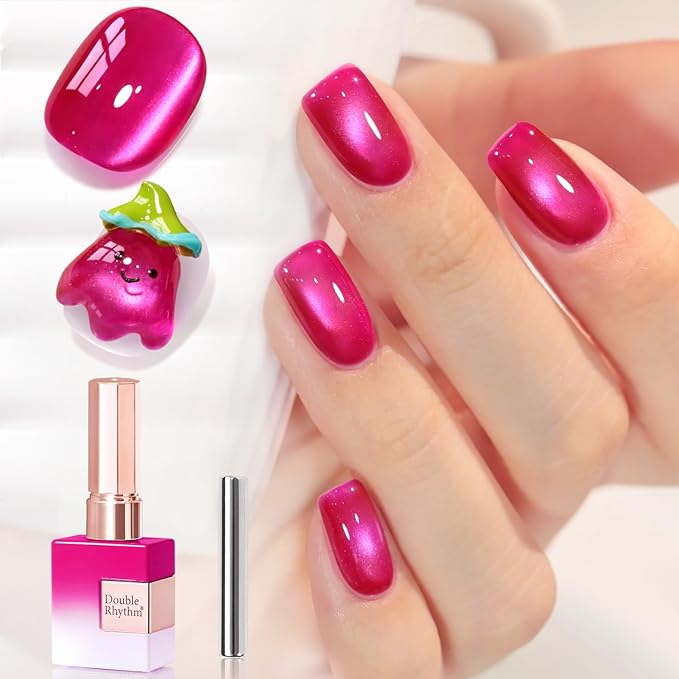 Double Rhythm 15ML Jelly Glass Cat Eye Gel Polish with Magnet Holographic Glitter Shimmer Translucent Sheer Color Salon Soak Off Magnetic Nail at Home (Magenta-MC1201)
