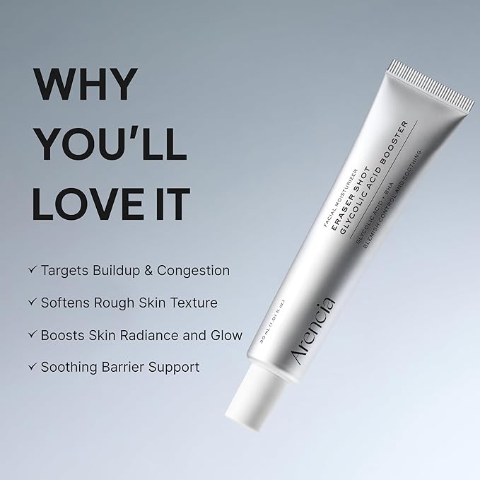 Arencia Eraser Shot Serum Glycolic Acid Booster with AHA BHA, Exfoliating Face Serum for Acne-Prone Skin, Pore Care & Texture Refining, Lightweight Daily Skincare, 30 mL / 1.01 fl. oz.