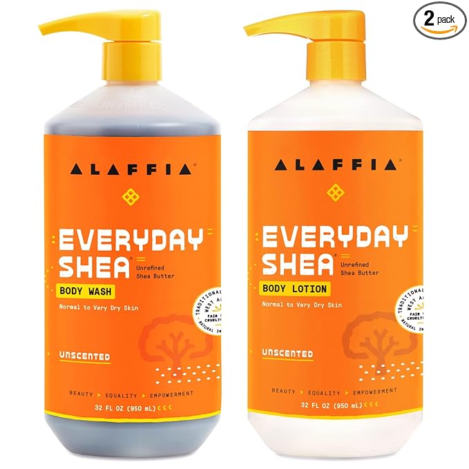 Alaffia Body Wash & Body Lotion Set, EveryDay Shea, Unscented – Gentle Skin Cleanser & Moisturizer for Normal to Very Dry Skin, 32 Oz Ea
