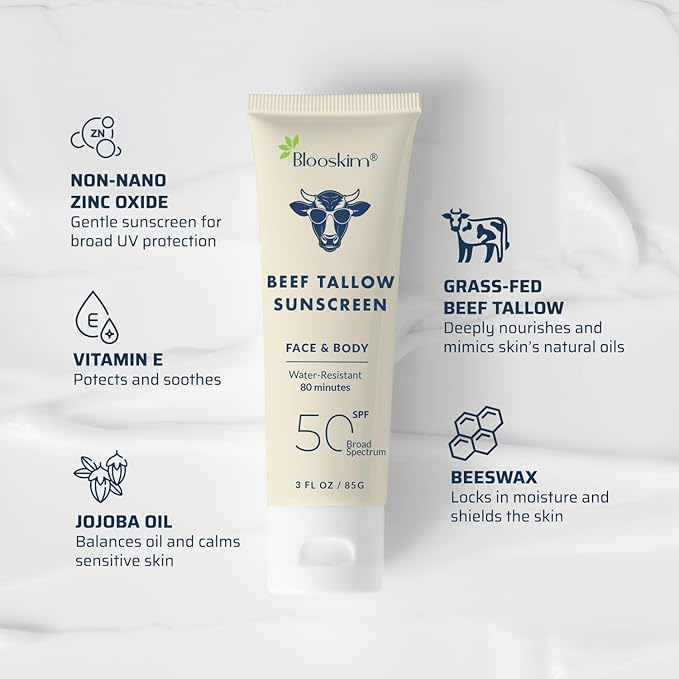 Blooskim Beef Tallow Sunscreen SPF 50: Natural Tallow & Zinc Oxide Sunblock Cream for Face & Body - Sun Protection with Non Greasy Formula for Women and Men - Water-Resistant 3 oz