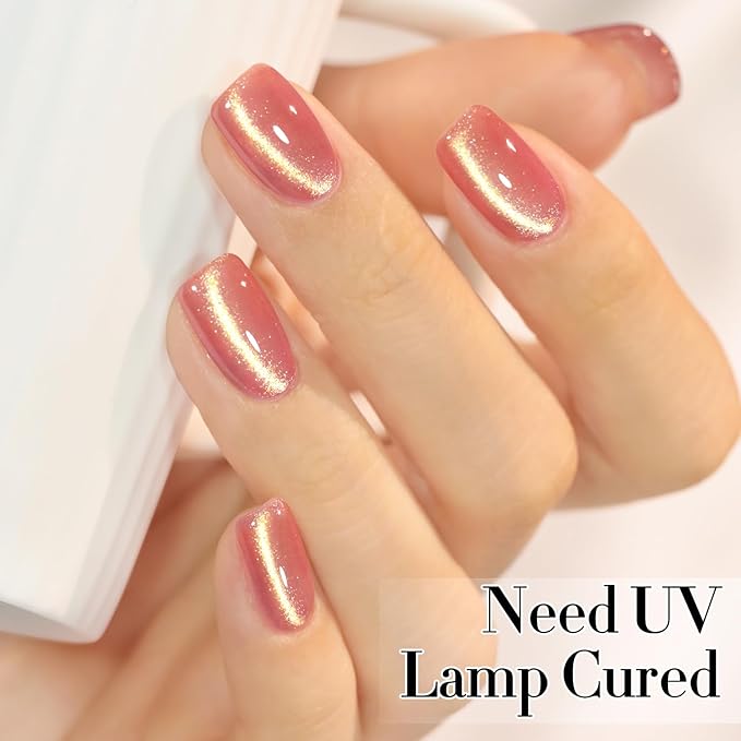 Double Rhythm 15ML Jelly Glass Cat Eye Gel Polish with Magnet Holographic Glitter Shimmer Translucent Sheer Color Salon Soak Off Magnetic Nail at Home (Peach Pink Gold-MC1195)