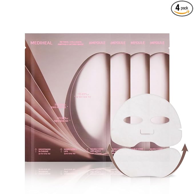 Mediheal Retinol Collagen Ampoule Lifting Mask (4 Counts) for V Line Mask Anti-Aging - Helps Reduce Fine Lines & Wrinkles, and Smoothens Skin