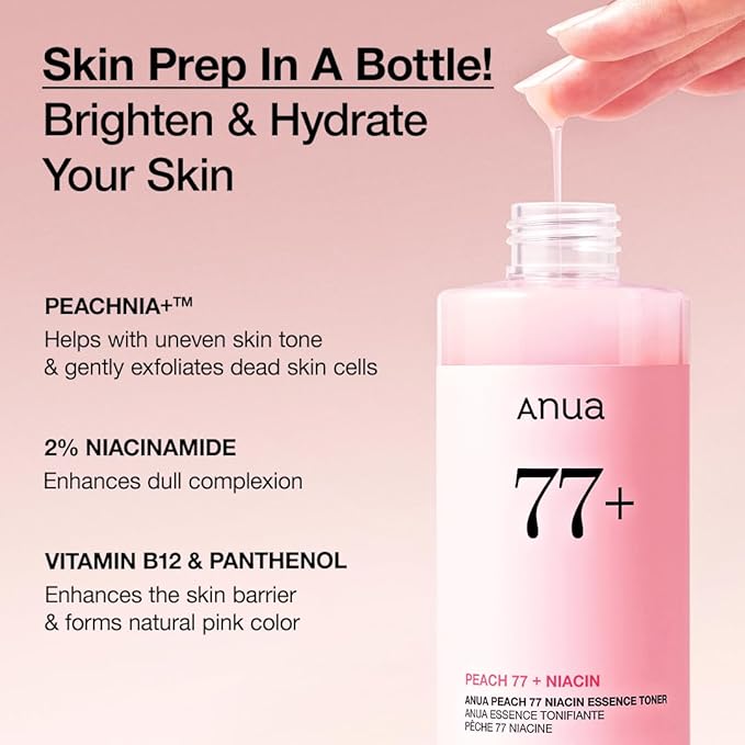 Anua Peach 77 Niacin Essence Toner, Gentle Exfoliating & Radiant Facial Essence, Hydrating & Soothing Toner, Niacinamide, Ceramide, Panthenol, Makeup Prep for Glass Skin, Korean Skincare, 8.45 fl oz