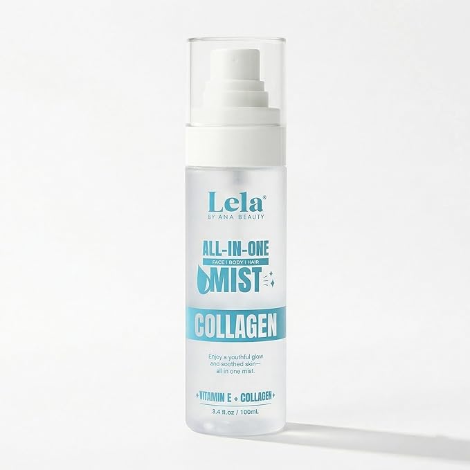 Lela Beauty All-In-One Collagen Mist Hydrating Face, Body & Hair Spray with Vitamin E - Lightweight Travel Size Formula with Cooling Facial Mist for Glow & Refreshed Skin - 3.4fl oz