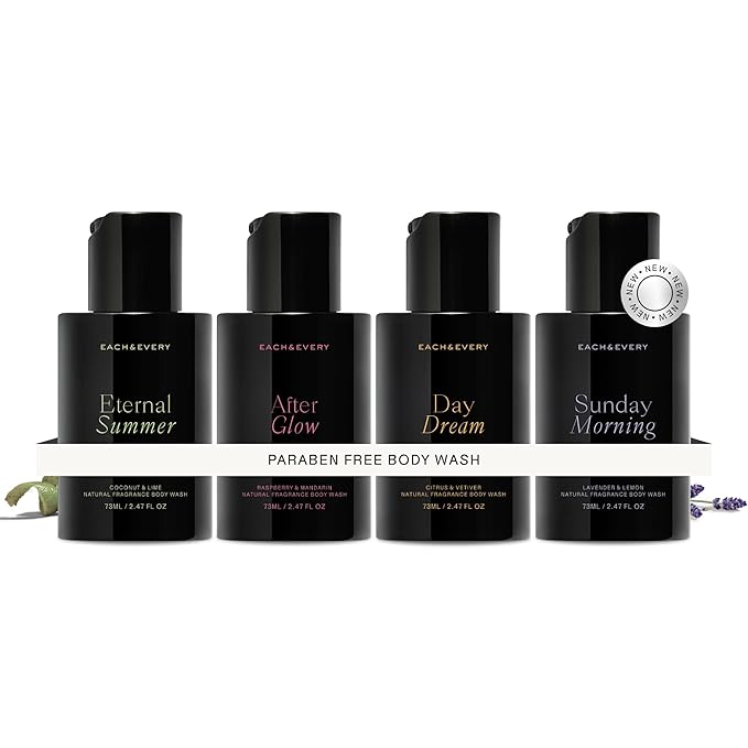 Each & Every Mini Body Wash Travel Set - 4 Natural Fragrance Shower Gels - Ceramides, Lactic Acid AHA & Moringa Oil - Day Dream, After Glow, Sunday Morning & Eternal Summer
