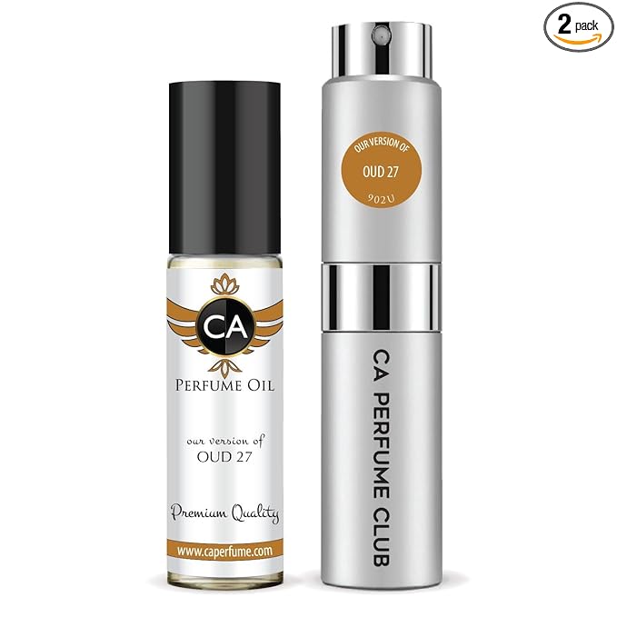 CA Perfume Duo Impression of Oud 27 For Women And Men Perfume Layering Set Long Lasting Travel Size EDP + Body Oil Roll-On Bottle 0.27 Fl Oz+0.33 Fl Oz