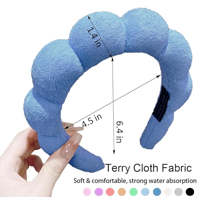AOENJIE Spa Headbands for Washing Face or Makeup, Sponge Bubble Skincare Headbands, Puffy Terry Cloth Hairband for Women, Skin Care Makeup Headwear Hair Accessories for Girls(Dark blue)
