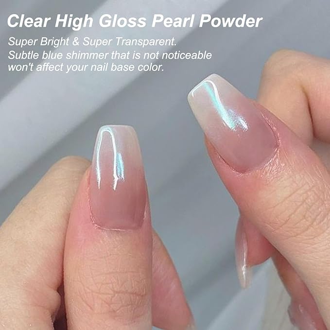 White Chrome Nail Powder Shimmer Clear Aurora Mirror Effect Ice Transparent Blue Glitter Pigment Chrome Powder for Nails Gel Polish Design Unicorn Pearl Powders 0.5g