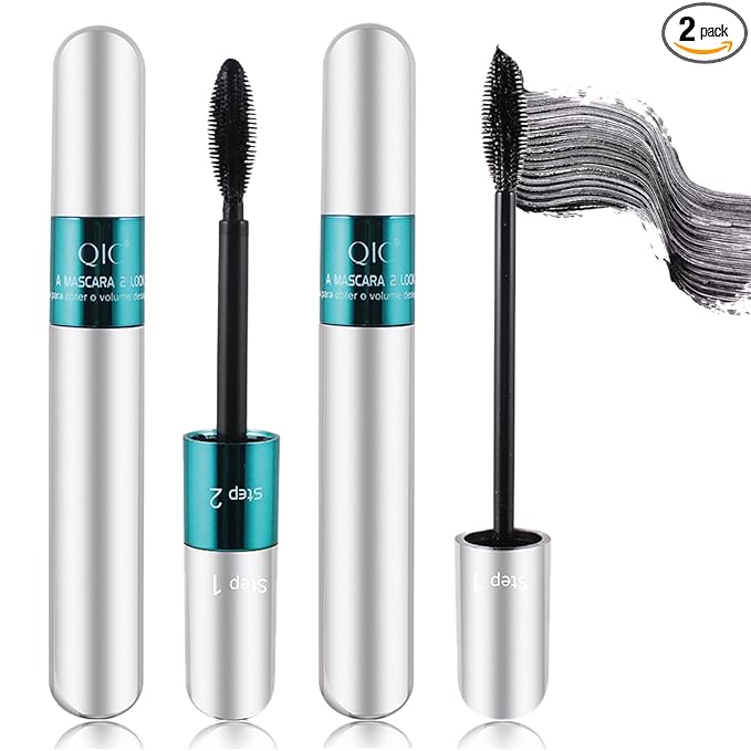 2 Pack 2 in 1 QIC 5x Longer Washable Black Mascara, 4D Silk Fiber Lash 2 Step, No Clumping, Long-lasting Waterproof Lash Cosmetics Beauty Eye Makeup