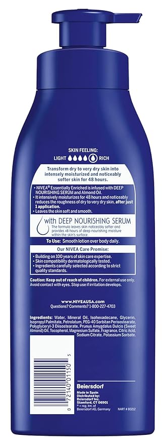 NIVEA Essentially Enriched Body Lotion for Very Dry Skin with Hyaluronic Acid, Almond Oil and Deep Nourishing Serum, 72-Hour Body Moisturizer, 16.9 Fl Oz Pump Bottle (Pack of 2)