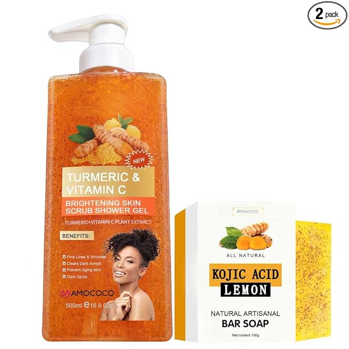 Turmeric Bar Soap & Turmeric Orange Vitamin C Body Wash with Cocoa Seed Exfoliant, Mattifying Scrub for Uneven Skin Texture, Body-Only Daily Use