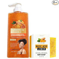 Turmeric Bar Soap & Turmeric Orange Vitamin C Body Wash with Cocoa Seed Exfoliant, Mattifying Scrub for Uneven Skin Texture, Body-Only Daily Use