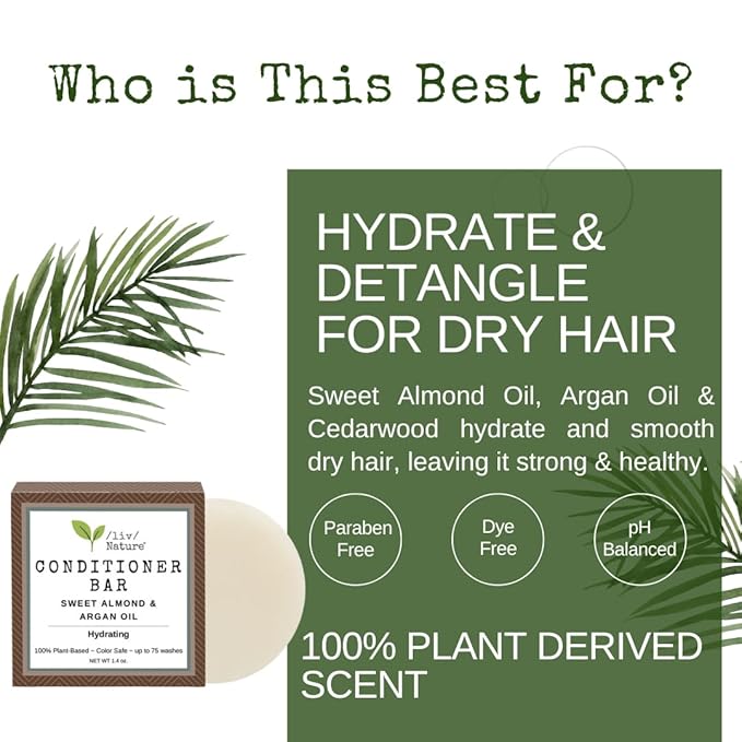 Conditioner Bar for Hair | Travel Essentials | Sweet Almond Oil & Argan Oil Conditioner | Repair Damage & Anti-Frizz | Handcrafted in USA | 1-pk