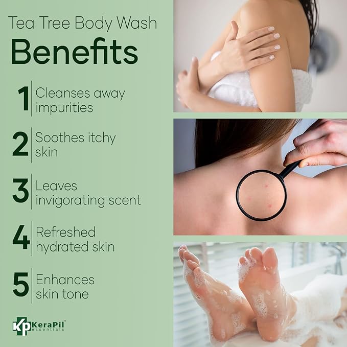 KERAPIL Bacterinyl Tea Tree Oil Body Wash - Antibacterial & Antifungal Support for Ringworm, Body Odors, Athlete’s Foot & Acne, Helps Soothe Itchy, Dry Skin - Made in USA (16 fl oz)