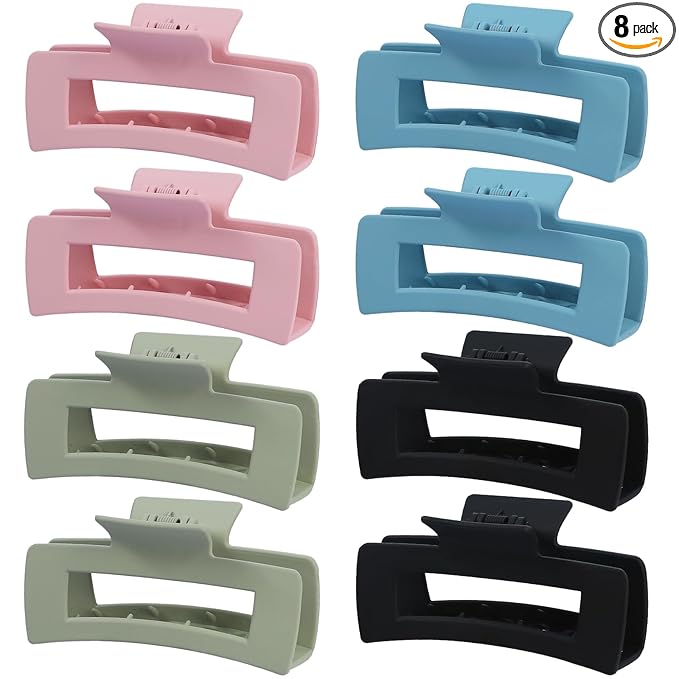 8 Pcs Large Hair Claw Clips 4.1 Inch Non-slip Big Square Matte Hair Claws for Women, Strong Hold Banana Clip for Thick Thin Hair(Pink/Green/Light blue/Black)