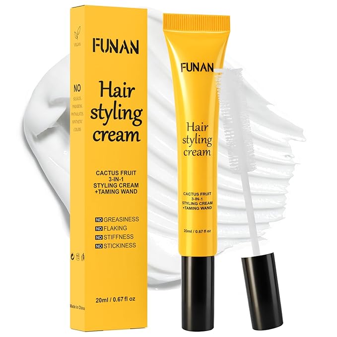 FUNAN Cactus Fruit 3-in-1 Styling Cream with Taming Wand for Flyaways, Styling Cream for Hair, Frizz Control, Edge Styling, Slick Back Hair Products for All Hair Types, Non-Greasy(yello, pack of 1)