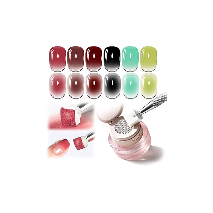JODSONE Cushion Pat Paint Gel Nail Polish Set 6 PCS Gradient Design with 50 PCS Soft Nail Sponges & Grabbing Pen Gradient Blush Effect Nail Art Gel Paint for Manicure Salon