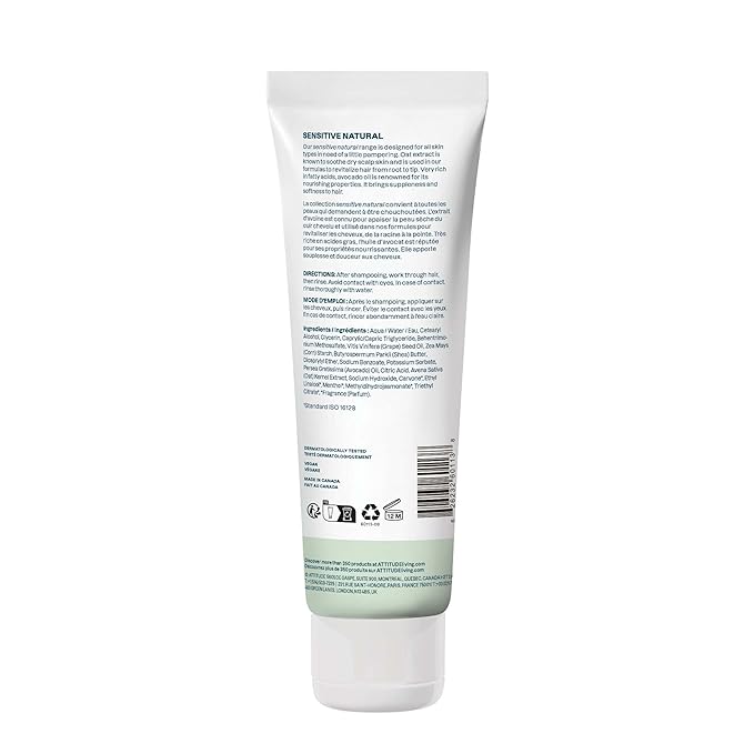 ATTITUDE Hair Conditioner for Sensitive Dry Scalp, Dry and Damaged Hair, Soothing Oat, Naturally Derived Ingredients, Dermatologically Tested, Vegan Detangler, Nourishing, 8 Fl Oz