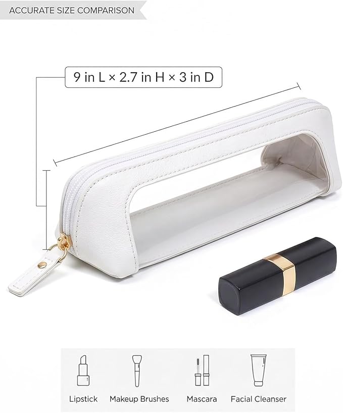 LETGO Clear Makeup Brush Bag Pouch, Waterproof PU Leather Portable Makeup Bag Holder with Transparent Window, Travel Lipstick Case Pouch Car Organizer and Storage (Slim, Beige)