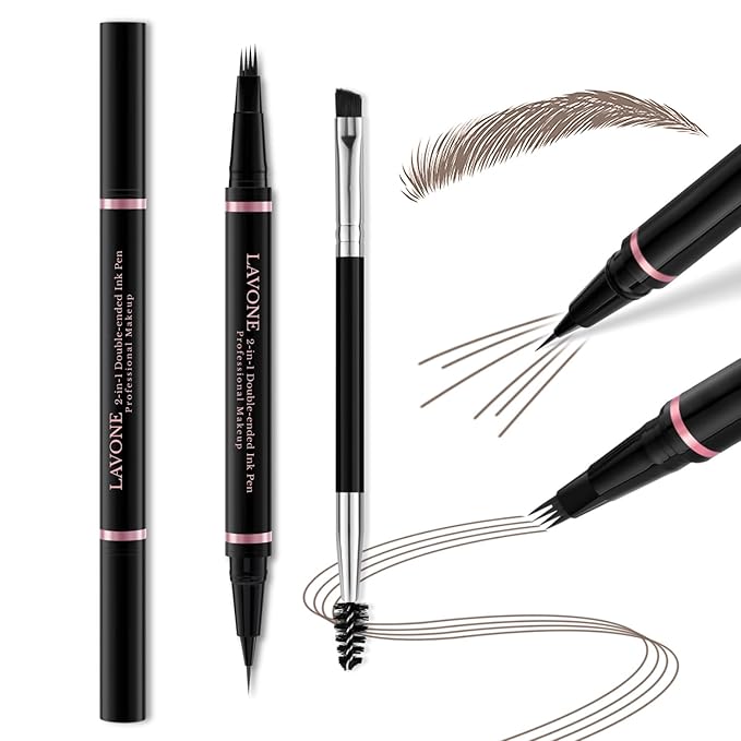 Eyebrow Pencil, 2-in-1 Waterproof Eyebrow Pen with 4 Tip Brow Pen and Ultra-Precise Brow Pencil, with Dual-ended Eyebrow Brush, Eyebrow Makeup for Natural Looking Eyebrows - Light Brown