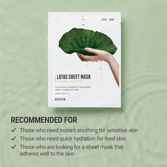 ROVECTIN Calming Lotus Sheet Mask | Soothing Face Mask for Sensitive Skin – Hydrating, Calming, Barrier Repair & Redness Relief with Lotus Extract