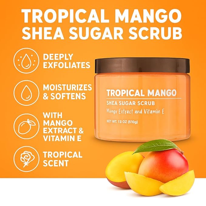 Exfoliating Shea Sugar Body Scrub with Tropical Mango Scent, 18 oz – Deep Cleansing & Moisturizing Natural Sugar Scrub for Smooth, Radiant Skin