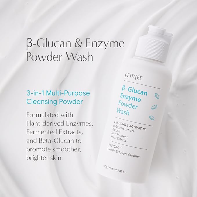 Petitfee B-Glucan Enzyme Wash, Facial Cleanser, Cleansing Powder with Papaya Extract Papain, Rice Ferment Extract for Gentle, Daily Exfoliation, Powder Soap, Cleansing Mask (80g (2.82o.z))