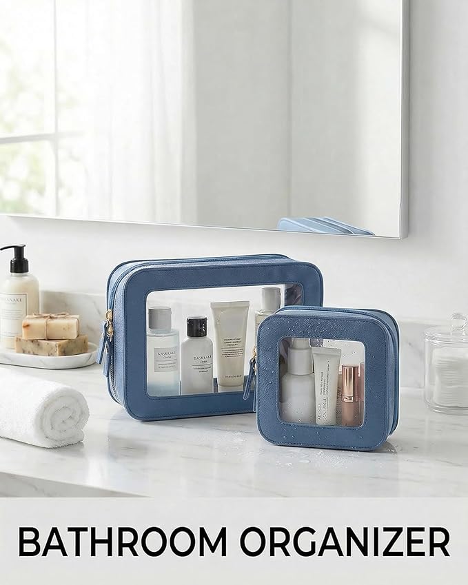 LETGO Clear Makeup Bag Organizer Set, Travel Toiletry Bag for Women, Waterproof Cosmetic Pouch with Zippers, Car Accessories Organizers and Storage Case (2Pack-Standard&Square, Blue)