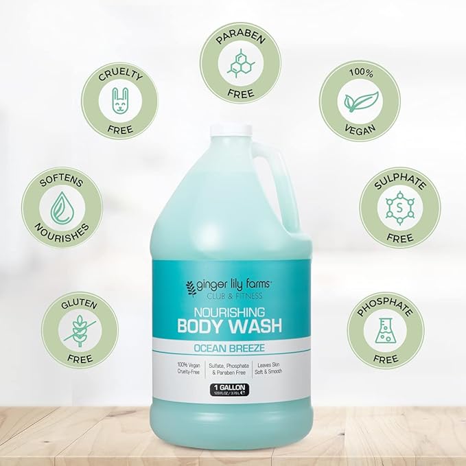 Ginger Lily Farms Club & Fitness Nourishing Body Wash, 100% Vegan & Cruelty-Free, Bath & Shower Gel for Men and Women, Ocean Breeze Scent, 1 Gallon (128 fl. oz.) Refill