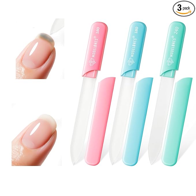 Modelones Nail Files, 3 PCS Crystal Glass Nail Files with 180/240 Grit – Double-Sided Reusable Fingernail Buffers & Cuticle Remover for Home, Travel, and Salon Manicure