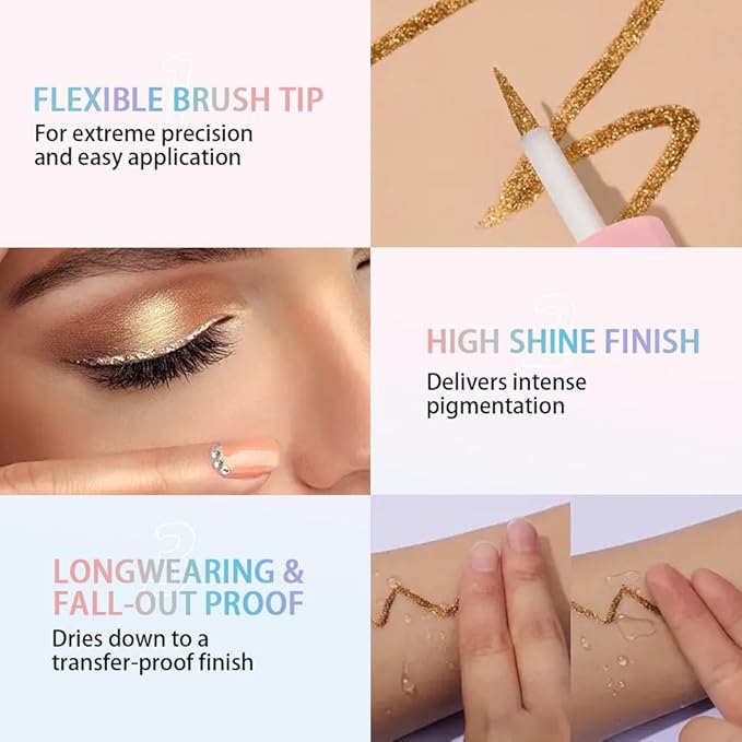 2-in-1 Liquid Glitter Eyeliner & Shimmer Eyeshadow, Waterproof Metallic Eye Makeup with Flexible Brush Tip, Easy to Color, High Pigment Long Lasting Sparkle All-Day (Zirconium White)