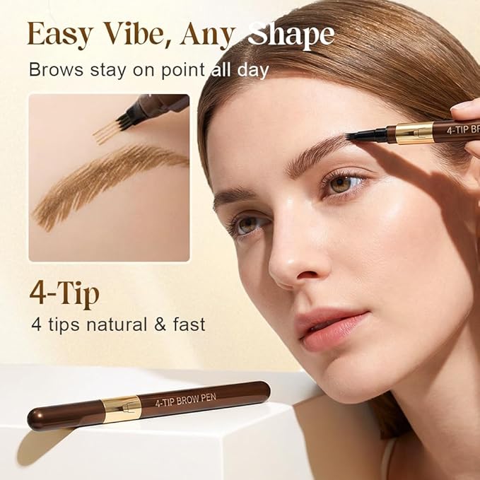 2Pcs 4-Tip Microblading Liquid Eyebrow Pen, Creates Natural Hair-Like Strokes, Waterproof Long-Lasting Smudge-Proof Brow Pen, Light Brown Eyebrow Pencil for Women (Brown)