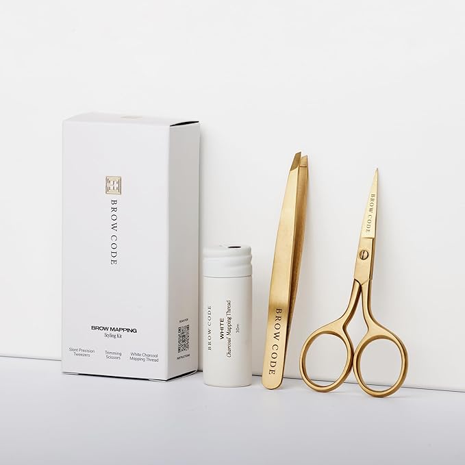 Brow Code Brow Mapping Kit – White Charcoal Mapping Thread, Slant Tweezers & Trimming Scissors – Professional Brow Shaping & Symmetry Tool Set