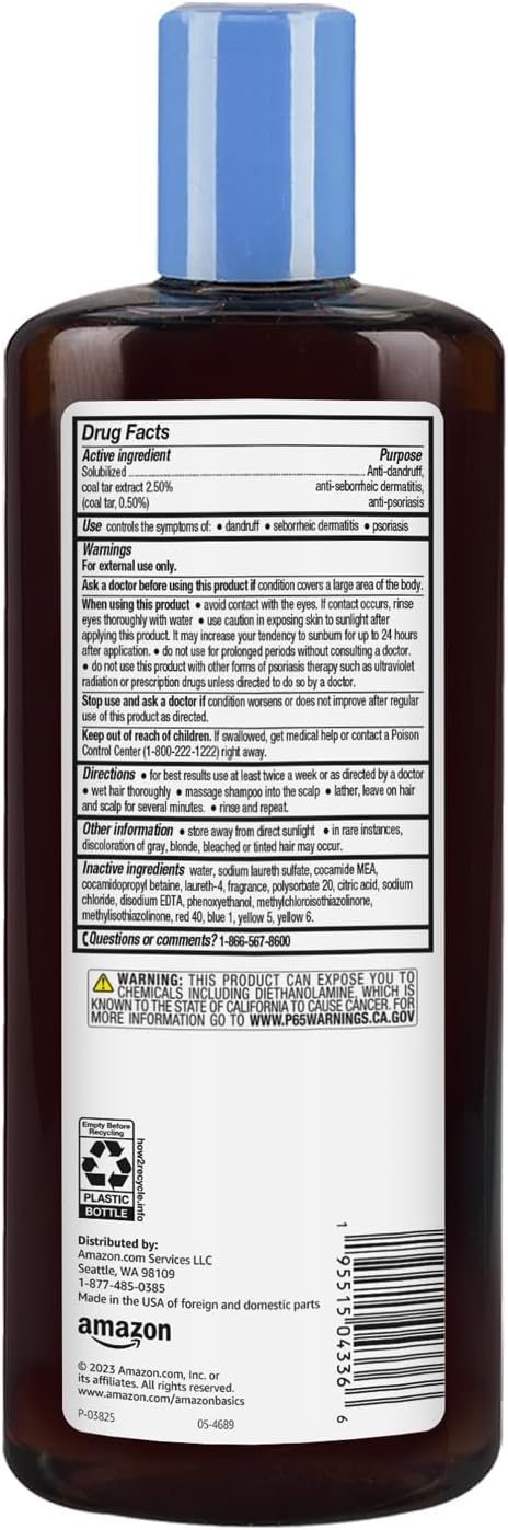 Amazon Basics Therapeutic Plus Coal Tar Anti-Dandruff Shampoo, Treats Psoriasis, Seborrheic Dermatitis, Itching and Flaking Scalp, 0.5% Coal Tar, 16 Fl Oz, Pack of 1
