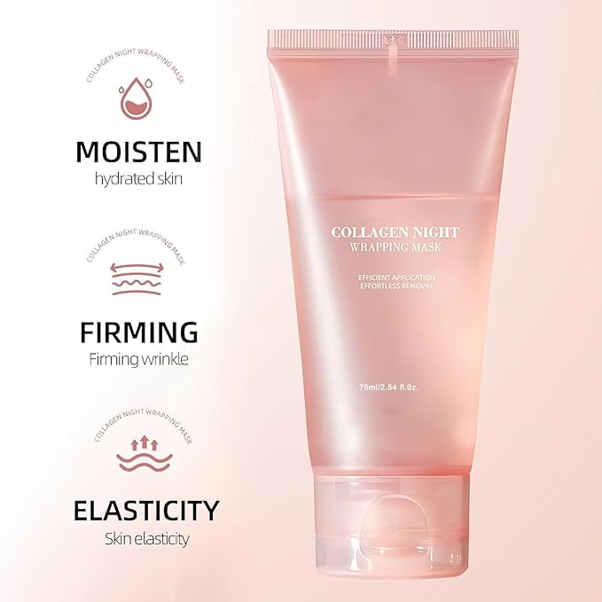 Collagen Night Wrapping Mask, Peel Off Hydrolyzed Collagen Facial Mask, Elasticity & Hydration, Tight Skin, Reduce Sagging & Dullness, 2.54 fl.oz